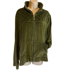 Mirror Mage Jeweled Velour Full Zip Green‎ Sweater Size XL